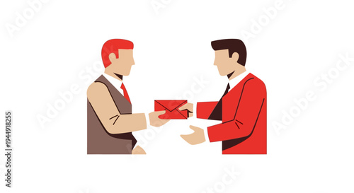 Illustration of two people giving and receiving red envelopes on a white background, symbolizing a traditional Chinese New Year celebration with a joyful and festive atmosphere.