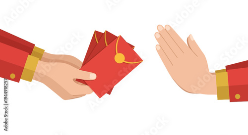 Illustration of a person giving red envelopes to another, symbolizing the tradition of Chinese New Year, with a simple design on a white background.