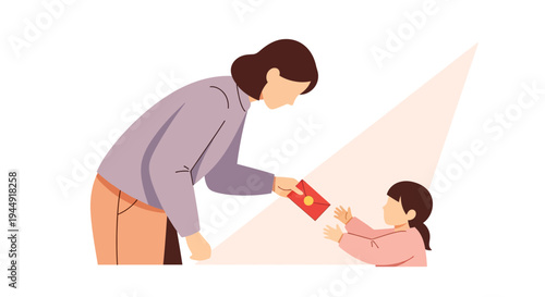 Illustration of a woman giving a red envelope to a young girl on Chinese New Year day with a traditional and joyful mood.
