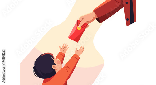 Illustration of a person giving out a red envelope to a child on Chinese New Year day with a joyful family background.