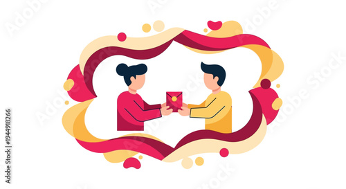 Illustration of a family giving out red envelopes on Chinese New Year day with a joyful design and colorful layout in the background.