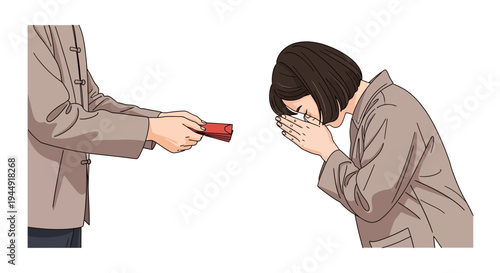 Illustration of a person giving red envelopes to another person on Chinese New Year day with a traditional and joyful mood.