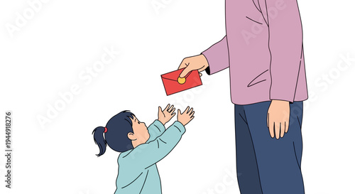 Illustration of a young girl receiving a red envelope from an adult during Chinese New Year celebrations with a traditional and joyful atmosphere.