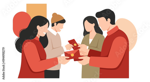 Illustration of a family giving out red envelopes on Chinese New Year day with a joyful and traditional atmosphere.