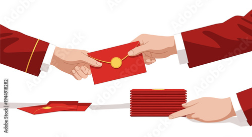 Illustration of two people giving out red envelopes with gold coins on a white background, symbolizing Chinese New Year tradition and cultural celebration.