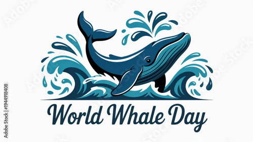 Whale jumping out of ocean waves on world whale day with blue water splashes