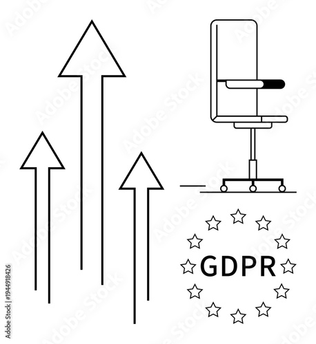 Business growth, data privacy, compliance policies, office environments, European regulations, workplace security. Features upward arrows, office chair GDPR compliance text and stars. GDPR