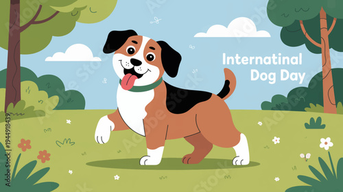 Beagle dog running in a green field on international dog day with trees and flowers