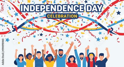 Independence Day Celebration with Confetti and People.