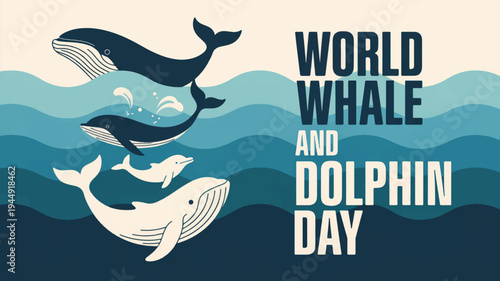 Whales and dolphins swimming ocean waves world whale and dolphin day awareness illustration
