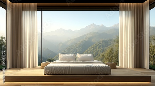 Luxurious Minimalist Bedroom Surrounded by Panoramic Mountain Views Through Large Window