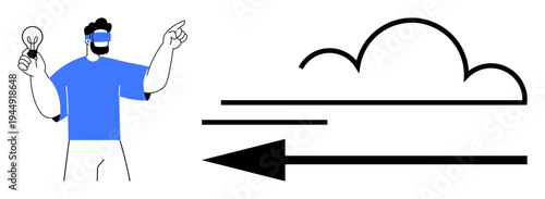 Cloud computing concept. Cloud computing with a cloud, arrow, and man holding a lightbulb ideas and innovation. Cloud computing fosters innovation and digital transformation. Ideal for technology
