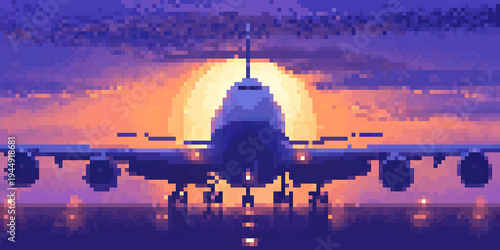 Pixel Art Airplane Flying Against a Vibrant Sunset Sky