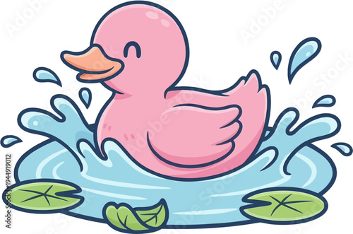 Cute Pink Duck Swimming in Pond with Water Splash and Lily Pads — Kawaii Cartoon Vector Illustration for Kids, Baby Shower and Nursery Design on White Background