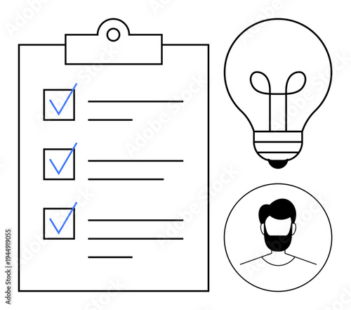 Idea generation concept. Features checklist with tick marks, lightbulb creativity, and user profile icon. Idea development, creativity, task management, organization, innovation