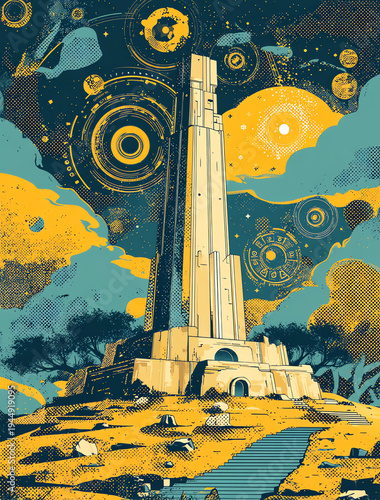 a detailed illustration of the ozark mountains in the style of stockcore, a graphic design print for screen printing, poster art deco print in blue and yellow with space themes and galaxy elements