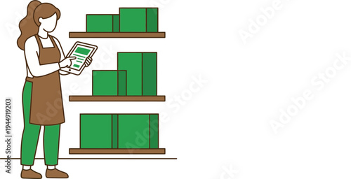 Woman Using Tablet at Store Shelf with Green Products