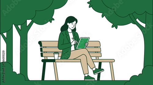 Young woman reading on park bench surrounded by trees