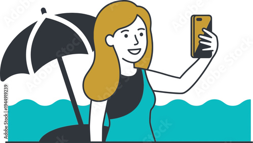 Young Woman Taking Selfie at Beach with Umbrella and Ocean View