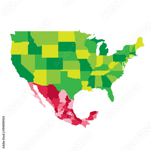 United States and Mexico political map of administrative divisions. Colorful blank vector map