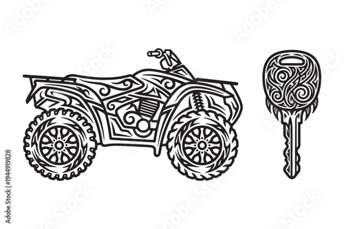 Ornamental Tribal ATV Silhouette with Decorative Key Vector Artwork