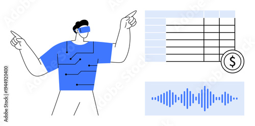 Virtual reality concept. Virtual reality integration with data, financial systems, and sound waves visualization. Virtual environment enhances financial technology and user interaction. Perfect