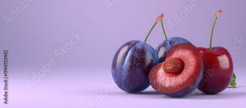 Plums and Cherries on a Purple Background.