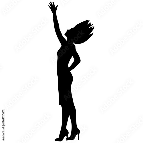 Silhouette of a woman in high heels reaching up, black vector for singing, dancing, and stage performance concepts