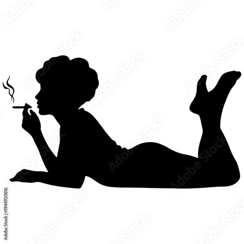 Silhouette of a woman lying down and smoking, vintage pin-up style black vector for noir and classic lifestyle concepts