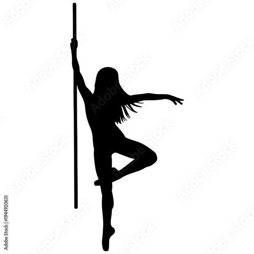  Pole dancer silhouette in graceful pose, black vector for pole fitness, strength training, and athletic dance concepts