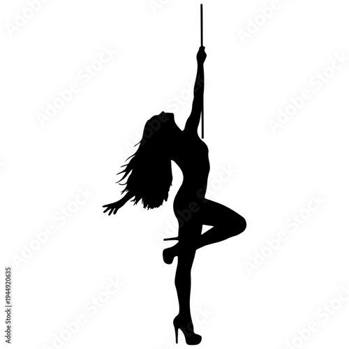  Pole dancer silhouette in graceful pose, black vector for pole fitness, strength training, and athletic dance concepts
