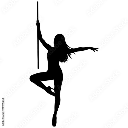  Pole dancer silhouette in graceful pose, black vector for pole fitness, strength training, and athletic dance concepts