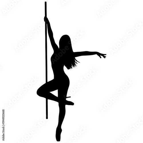  Pole dancer silhouette in graceful pose, black vector for pole fitness, strength training, and athletic dance concepts