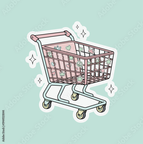 "Ilustración de carrito de compras tierno estilo sticker en tonos pastel para agendas y diseño creativo"