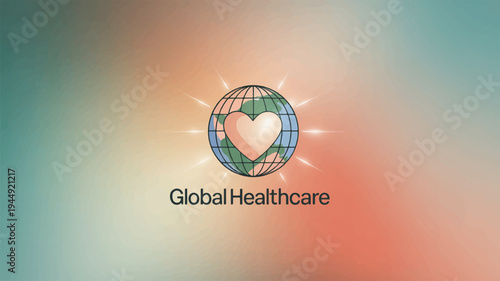 Global healthcare symbol with heart and earth on gradient background