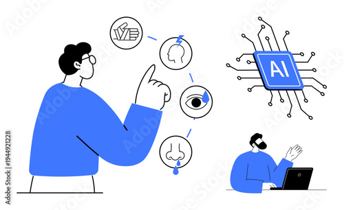 Artificial intelligence, human senses, technology, data analysis, innovation, machine learning. Person pointing to senses icons, AI chip and man using a laptop. Artificial intelligence and human