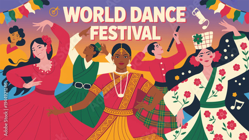 Vibrant dancers celebrate world dance festival in colorful traditional attire with lively music and joyful atmosphere
