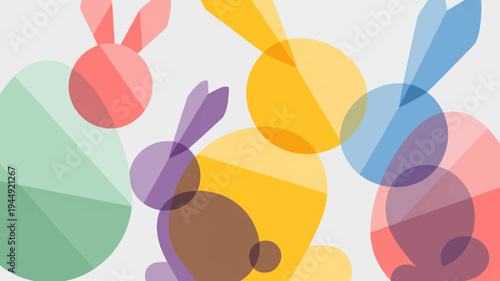 Colorful easter bunnies and eggs in abstract shapes and vibrant hues on white background for spring