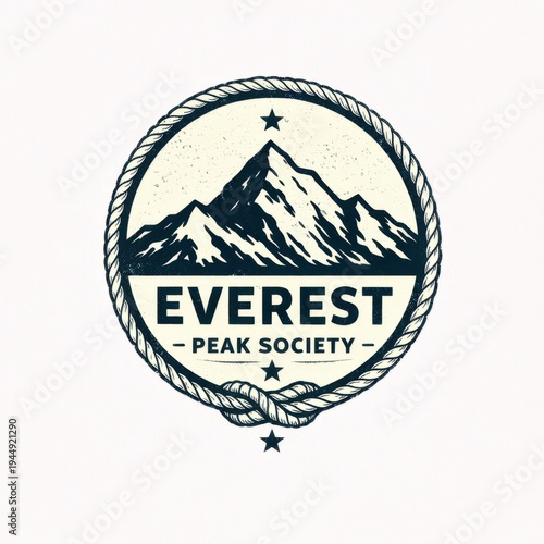 Everest mountain peak society emblem badge logo design with rope border and star accents for adventure clubs and outdoor brands