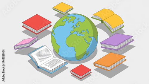 Globe surrounded by colorful books on a white background representing global education and learning