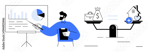 Business strategy concept. A man analyzes financial data and presents strategies. The balance scale compares money and lifestyle benefits in decision-making. For finance, education, planning