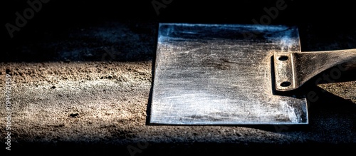 Rusty Axe Head on Wooden Surface.