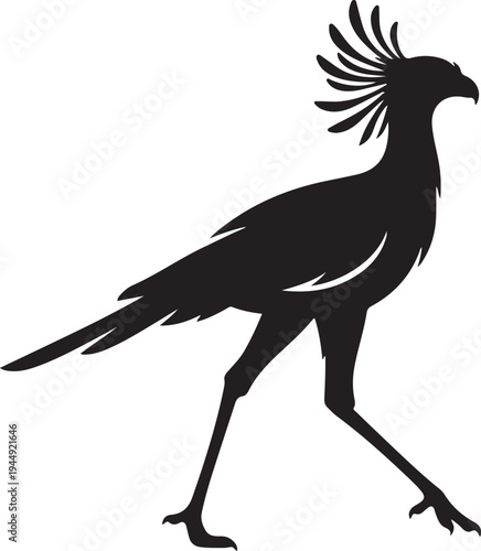 Minimalist Silhouette of a Walking Secretary Bird, African Raptor Sagittarius Serpentarius Vector Illustration on Plain Background.