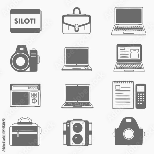 A collection of twelve monochrome icons depicting various electronic devices and professional accessories is displayed against a light background.