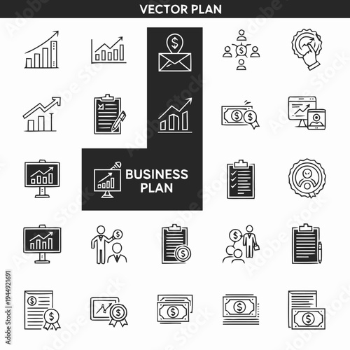A vertical banner graphic design displays various financial charts, documents, and workflow icons related to creating and executing a comprehensive business plan.