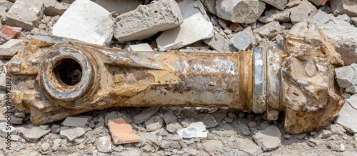 Rusty metal object in debris.
