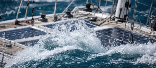 Sailing boat in rough ocean waves.