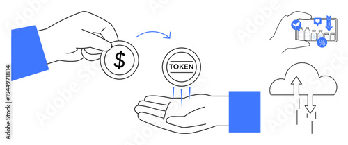 Tokenization concept. Tokenization replaces sensitive financial data with secure digital tokens. Tokenization enables blockchain, digital payments, and cloud transactions. For fintech, blockchain