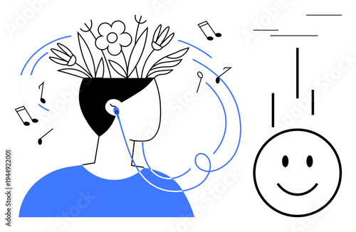 Music therapy concept. Music therapy blending creativity and mental wellness, by headphones, notes, and a thriving mind. Music therapy for relaxation, inspiration, focus and stress relief. Great
