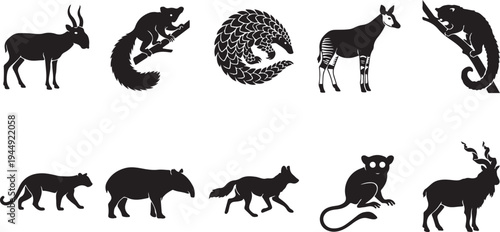 Set of Black Silhouette Icons of Rare and Exotic Animals Including Saiga Antelope, Pangolin, Okapi, Tapir, and Markhor Goat